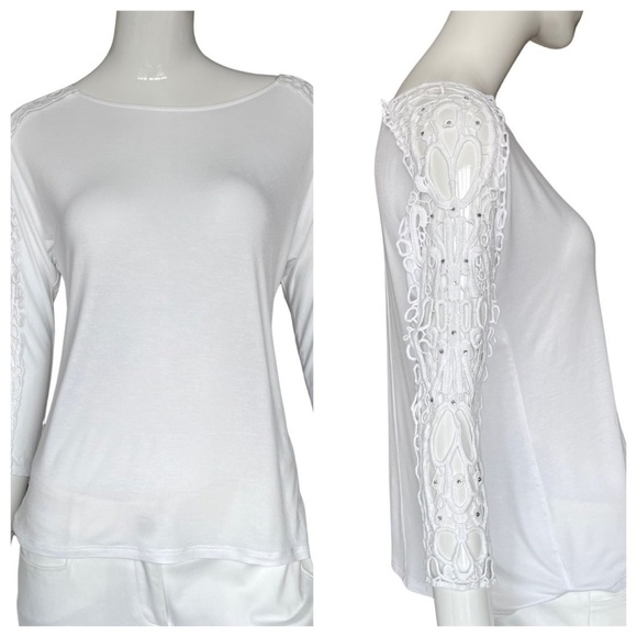 INC International Concepts White Tee With Lace Sleeves Size Small - Picture 1 of 7